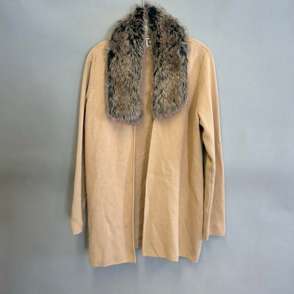 Anne Klein camel tan knit sweater jacket with faux fur collar Size medium - Picture 5 of 15